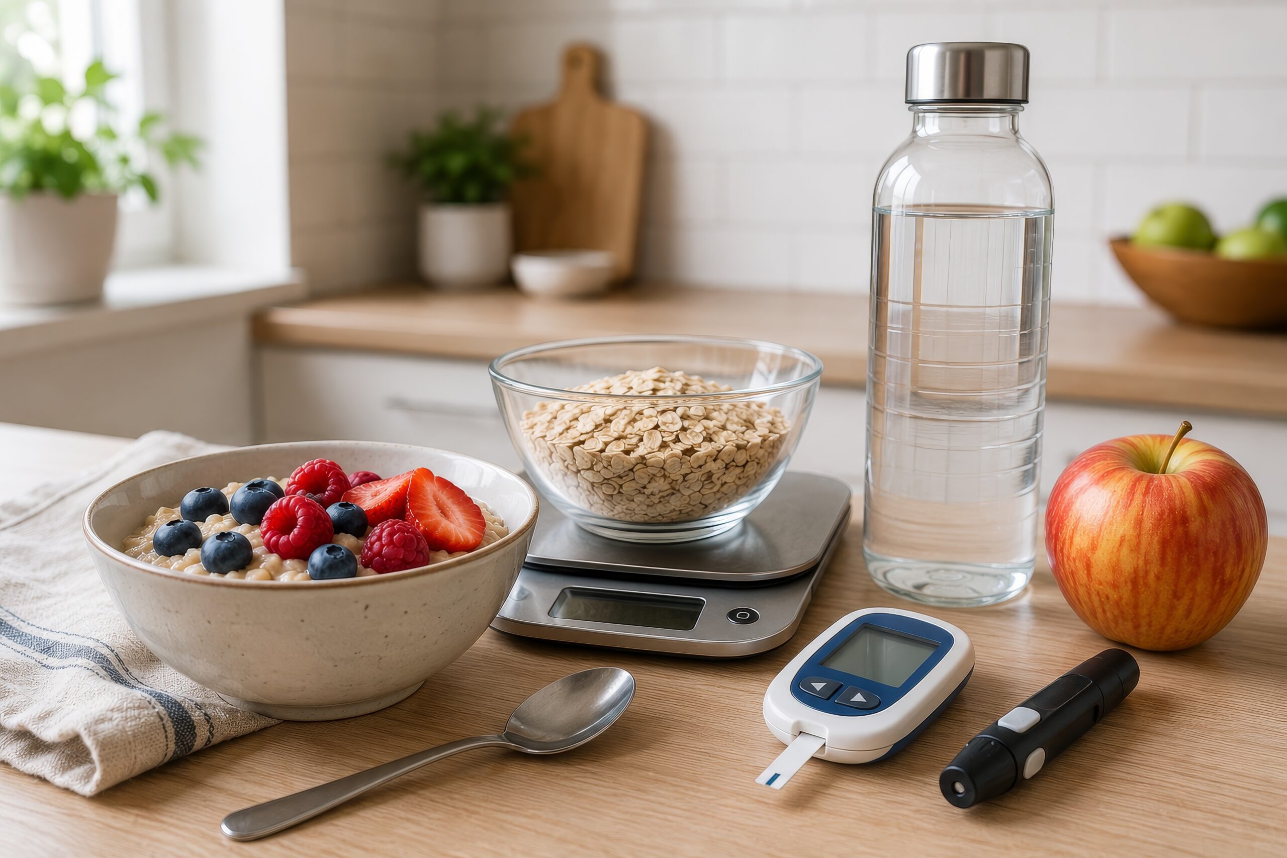 Balanced breakfast and glucose meter representing blood sugar and sleep