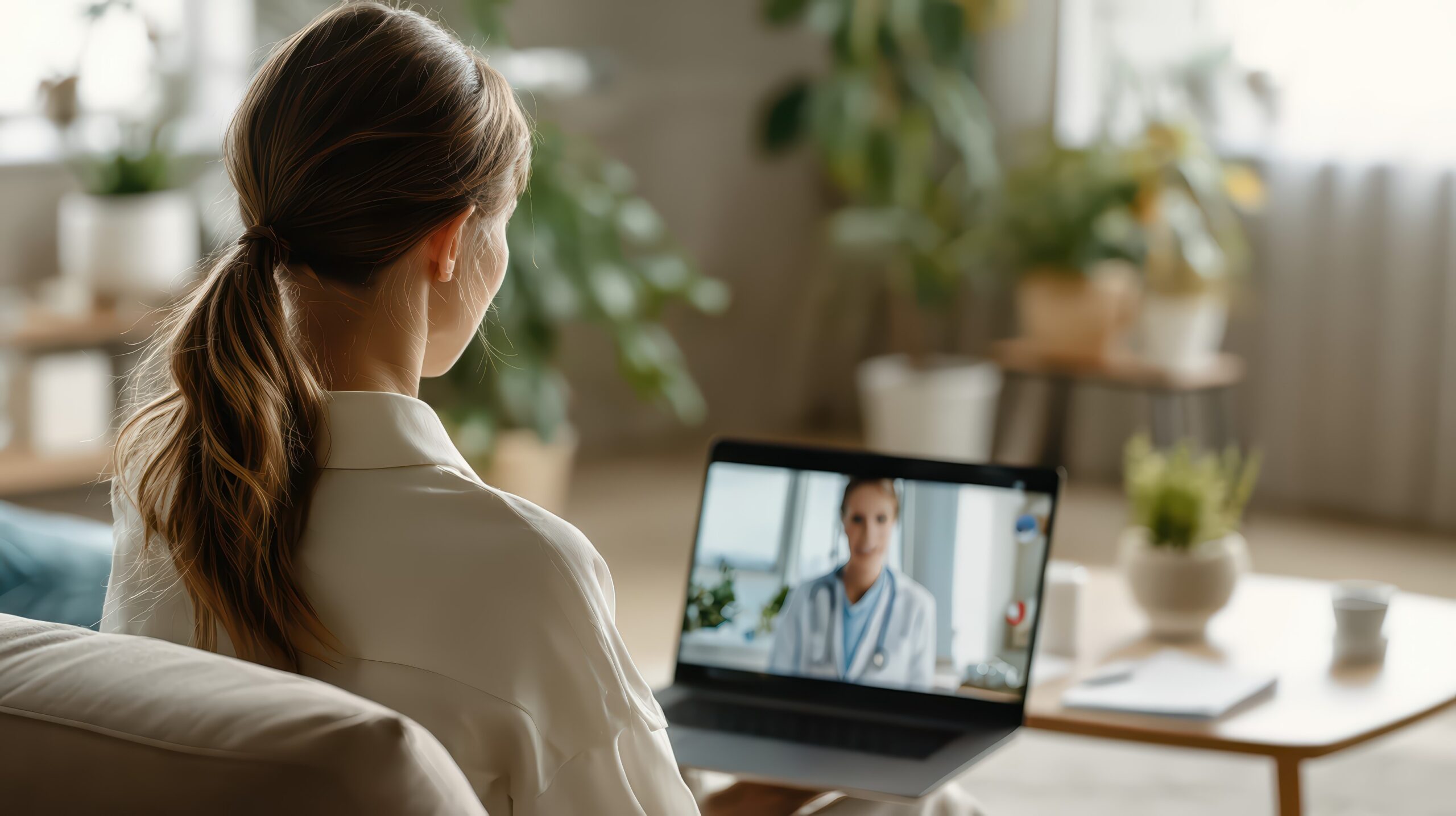 Woman consulting a doctor by video call on her laptop at home